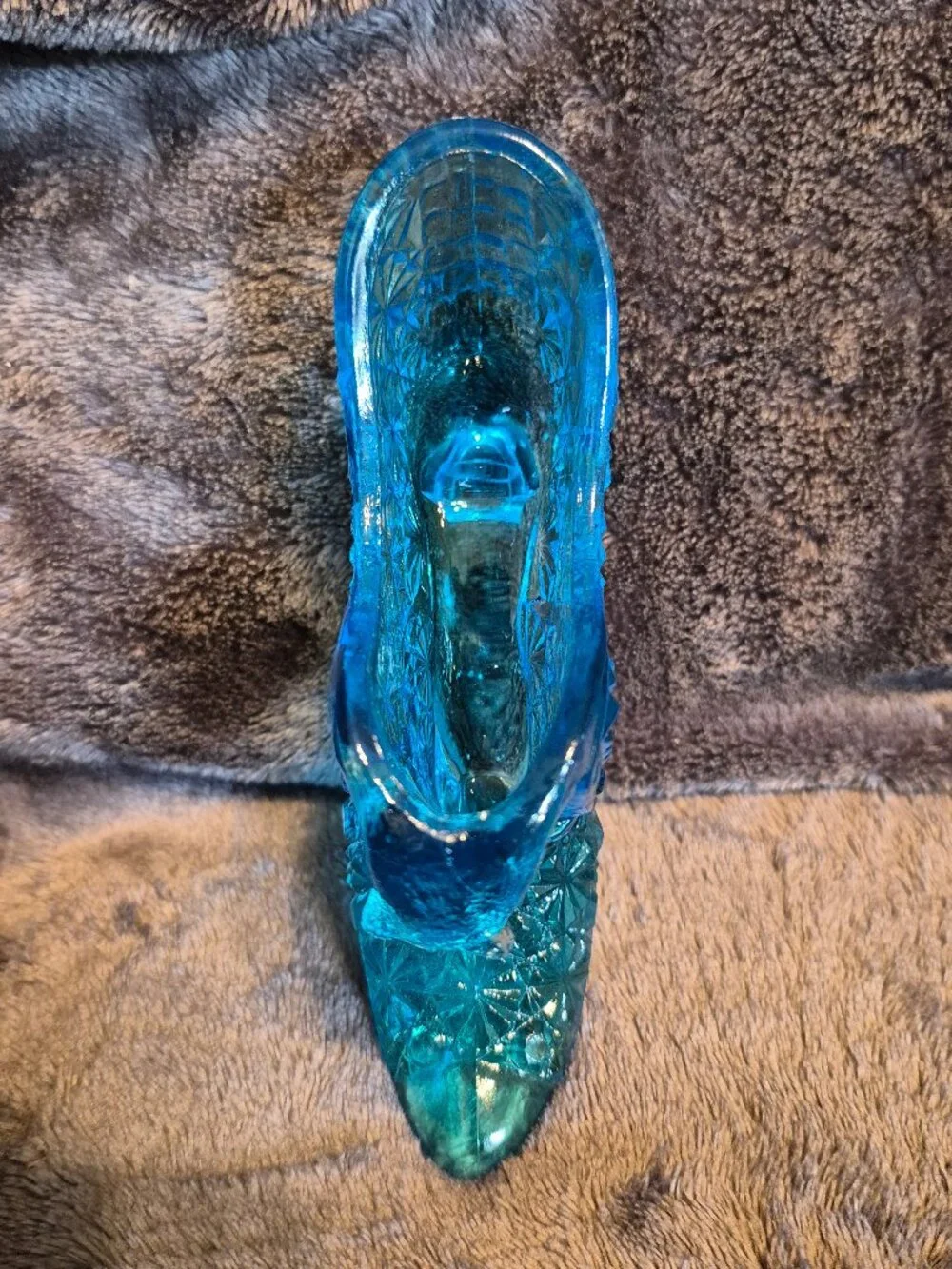 Fenton Blue Daisy And Button Cat Head Glass Shoe Slipper
